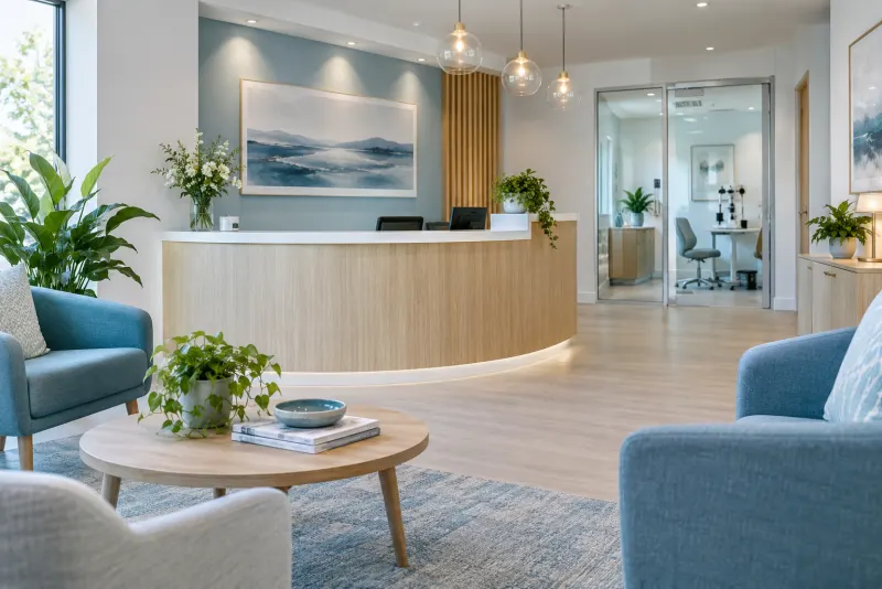 Calm, modern hearing clinic reception area