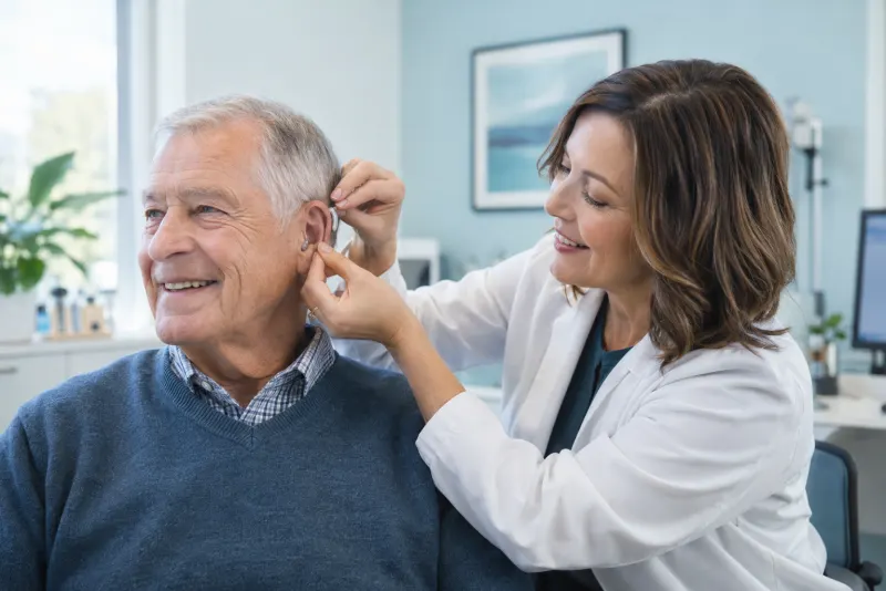 Audiologist fitting a small hearing aid on an older man in a clinic