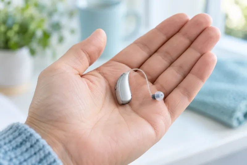 Small behind-the-ear hearing aid with a thin tube resting in an open palm