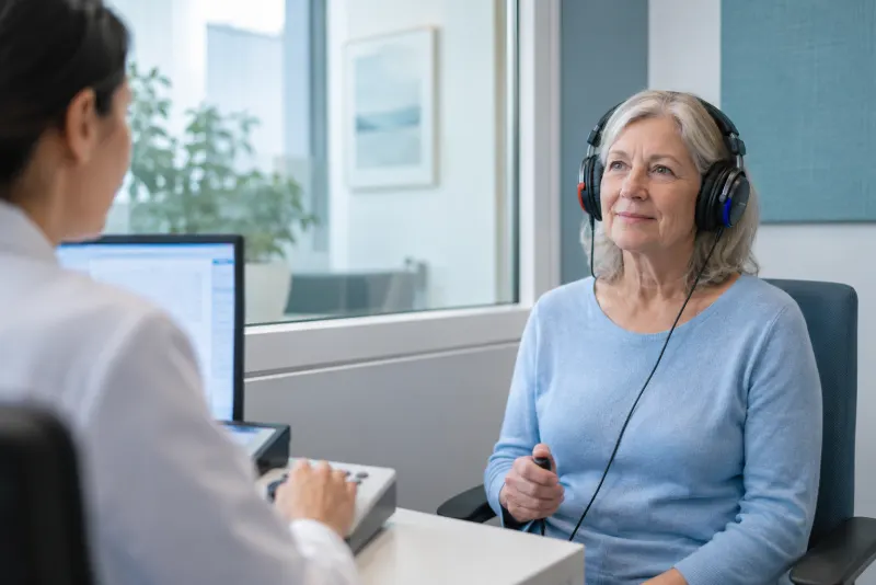 Woman wearing audiometric headphones during a hearing test