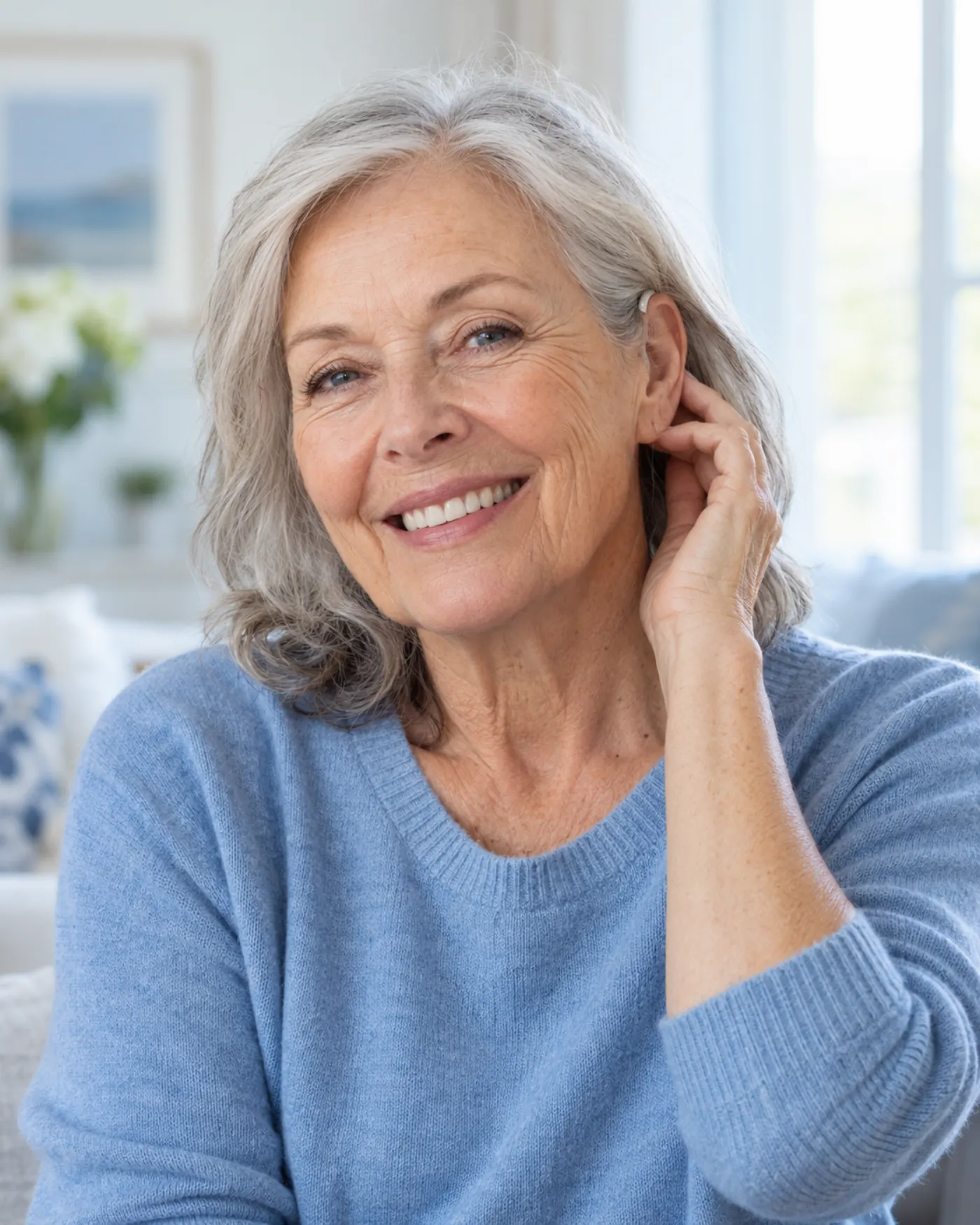 Smiling woman with silver hair touching her ear, a small hearing aid visible behind it