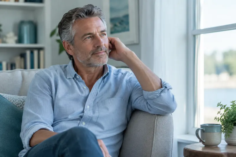Man sitting by a window with a hand near his ear